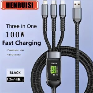 100W Fast Charging Cable Black Nylon 3-in-1