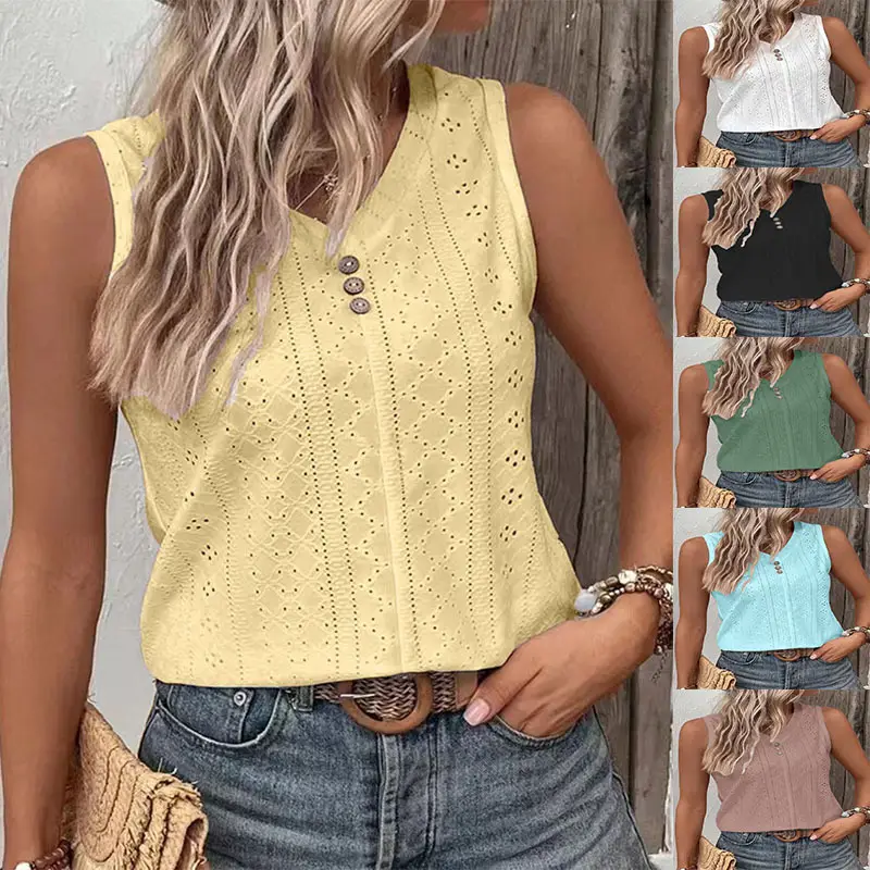 Women’s Buttoned Sleeveless Top Summer Casual V-Neck Multi Color