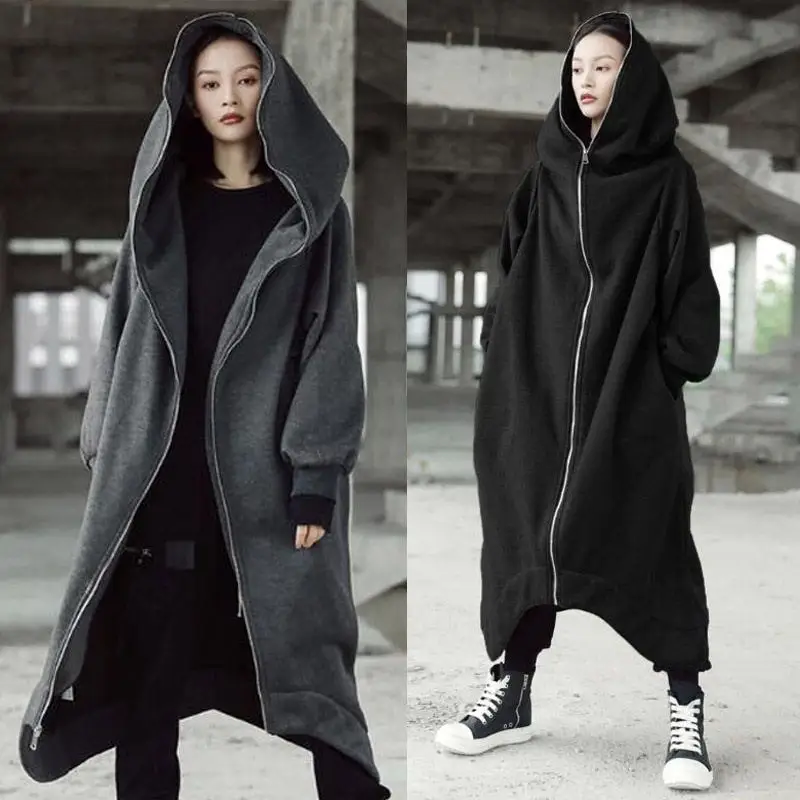 Women Hooded Velvet Zipper Coat Grey Black Long Plus Size