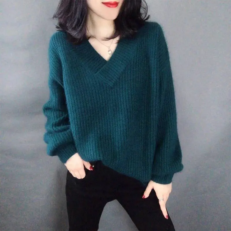 Women V-Neck Faux Alpaca Wool Sweater Green Loose Fit