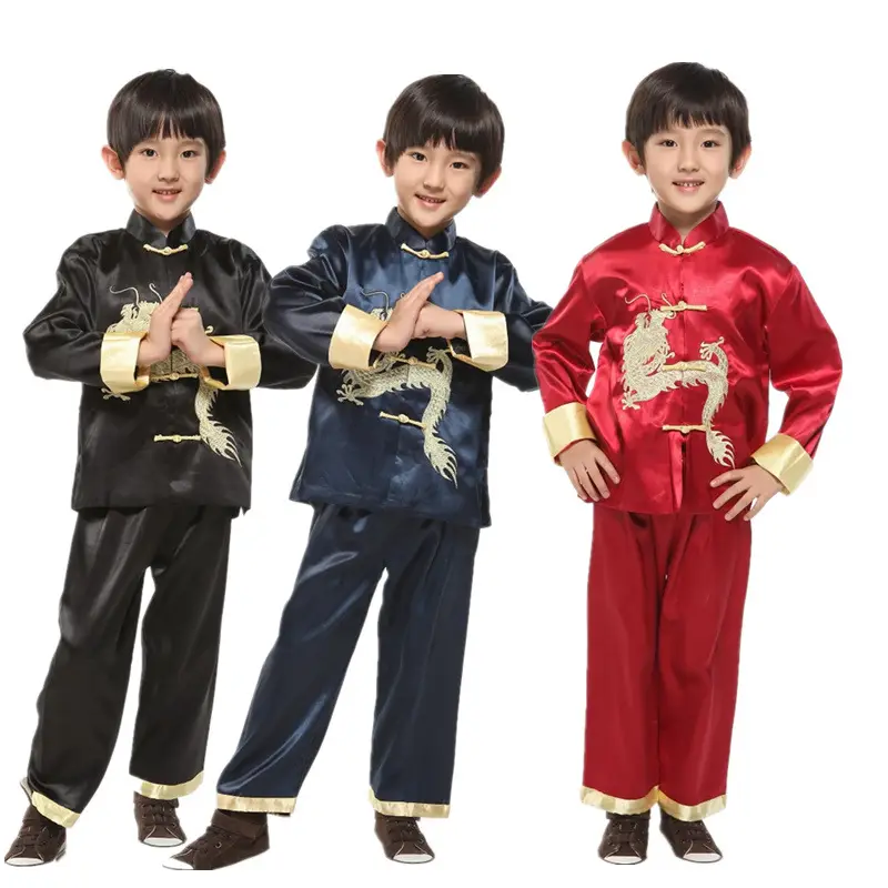 Kids Tang Suit Set with Dragon Embroidery Black Navy Red