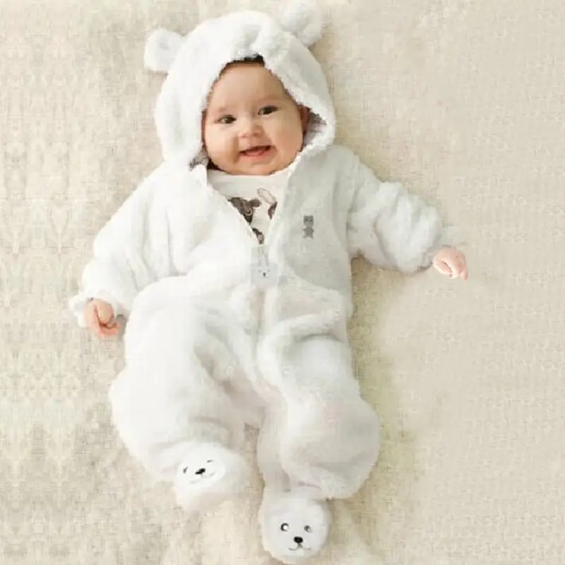Baby Bear Fleece Jumpsuit White Soft Winter Wear
