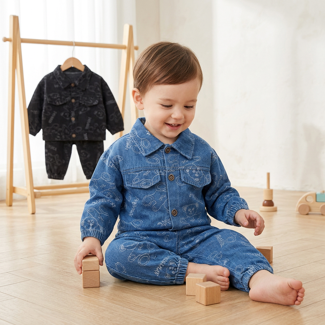 Kids Denim Suit Blue Black Cartoon Print Spring 1-3Y